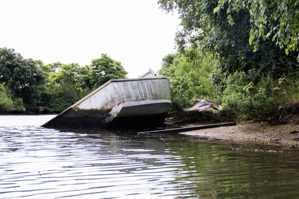 istock Old Partially Submerged Abandoned Boat Amidst Riverbank Vegetation 2165522033