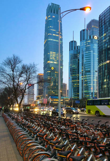 Beijing, China. February 24, 2018. Mobike Sharing Bikes in Beijing's Vibrant CBD