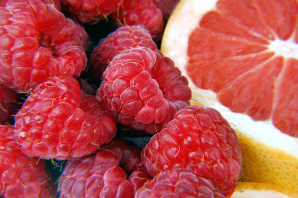 close up of the raspberries and grapefruit