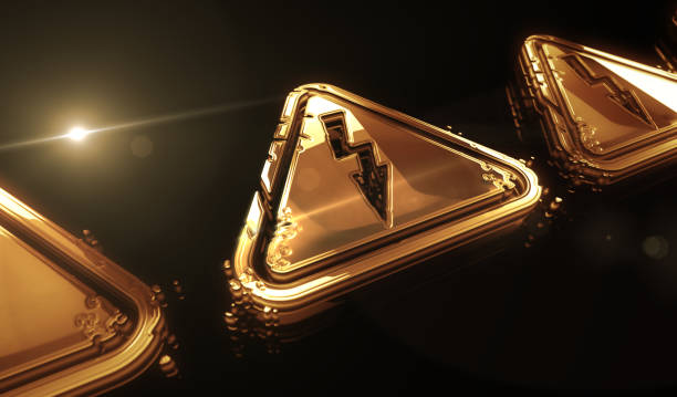 Electric power danger warning and energy golden metal shine symbol concept. Spectacular glowing and reflection light icon abstract object 3d illustration.