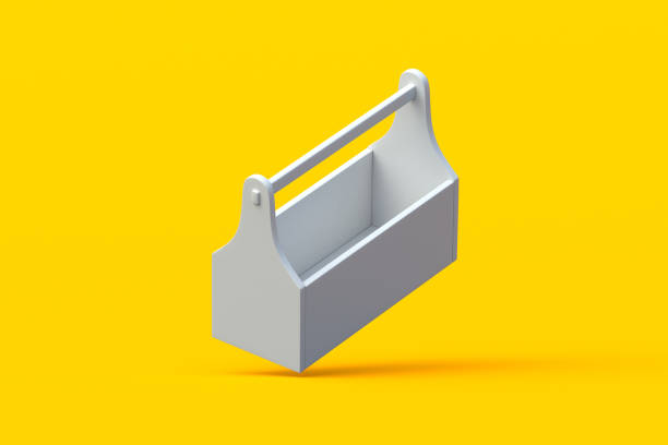 istock Falling empty wooden toolbox on orange background. Workshop accessory. Vintage equipment for repair. Holder for different tools. 3d render 2165539789