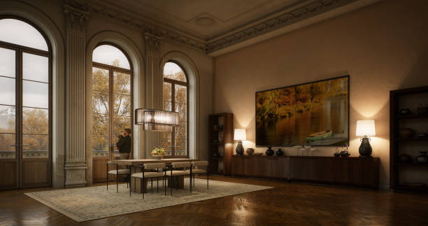 Digitally generated beautifully designed dining room with large arched windows that offer a stunning view of the autumn foliage. The interior features elegant furniture, including a dining table with cushioned chairs, a modern chandelier, and warm ambient lighting. The room exudes a cozy and inviting atmosphere, perfect for intimate gatherings and family dinners.

The scene was created in Autodesk® 3ds Max 2025 with V-Ray 6 and rendered with photorealistic shaders and lighting in Chaos® Vantage with some post-production added.