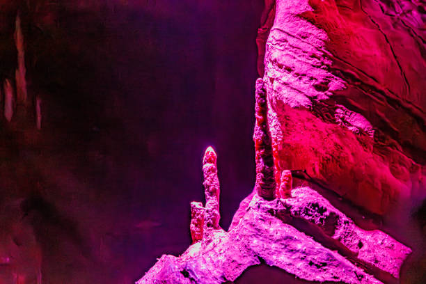Escalacnites in underground rock formation with irregular, rough and cracked walls due to water seepage in Neptune Caves, illuminated with artificial pink-purple light, Couvin, Wallonia, Belgium