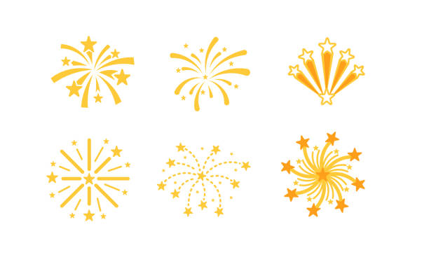 illustrations, cliparts, dessins animés et icônes de ensemble d’icônes de feux d’artifice stylisés explosant avec des étincelles et des étoiles jaune vif sur fond blanc - pétard