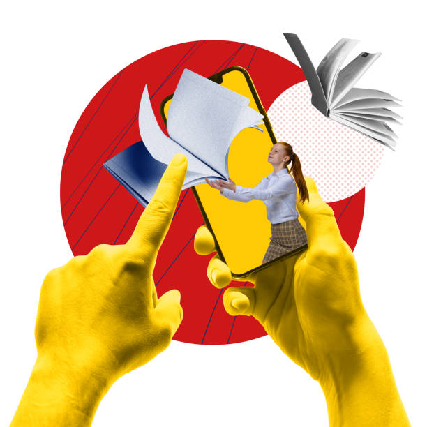 istock Poster. Contemporary art collage. Hands holding smartphone with student, interacting with floating pages and books, emerging from screen. 2165546624