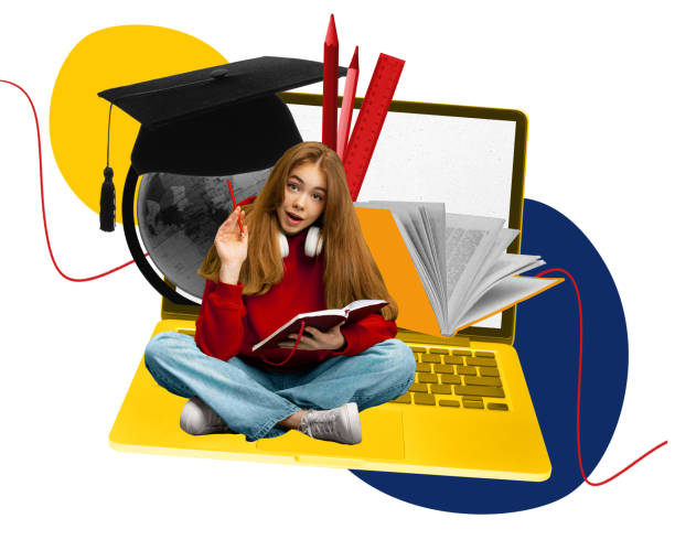 istock Poster. Contemporary art collage. Woman, having idea while doing homework sitting on yellow laptop with books and globes. 2165546629