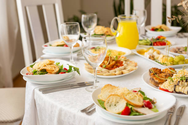istock Wedding banquet in restaurant, covered round table for guests 2165547117