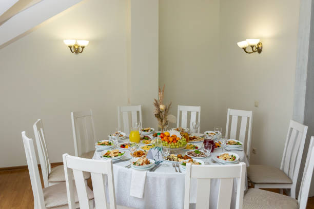 istock Wedding banquet in restaurant, covered round table for guests 2165547120