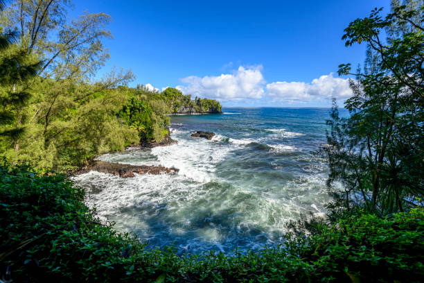 Beautiful volcanic black sand beach in Maui, Hawaii.