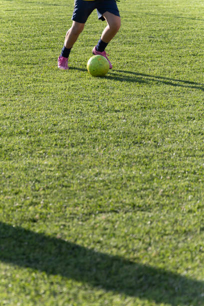 istock soccer, leather ball on the green 2165564919