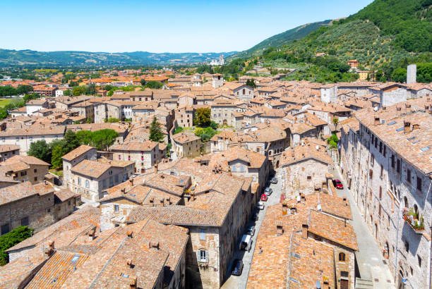 Gubbio, Perugia, Italy, 13th of July 2020, Cityscape of Gubbio with medieval architecture,