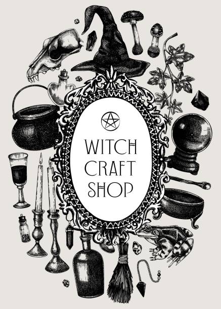 Halloween flyer design Witchcraft banner design. Boho witch frame, banner, flyer. Vinatge Halloween sketches. Hand-drawn vector illustration. NOT AI generated crystal chalice stock illustrations