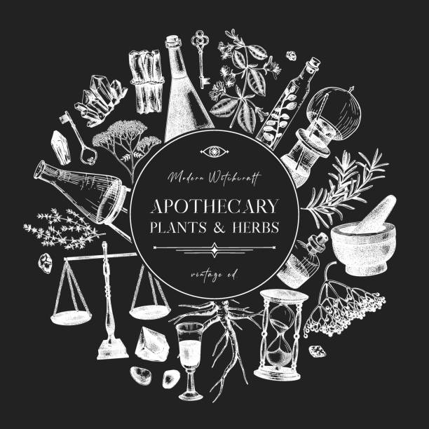 Apothecary banner design in sketched style Antique apothecary hand-drawn vector illustrations. Alchemy sketches on chalkboard. Vintage chemistry wreath design. NOT AI generated potion bottle retro revival old fashioned stock illustrations