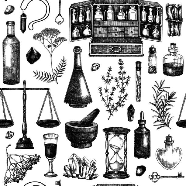 illustrations, cliparts, dessins animés et icônes de modèle sans couture d’apothicaire dans le style esquissé - fiole poison
