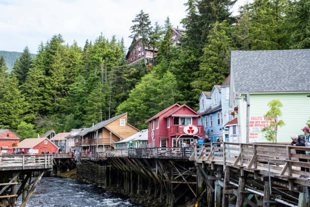 Ketchikan, Alaska - July 5, 2024: Historic area of Ketchikan known for its' brothels in the early 1900's. The brothels were outlawed and shut down in 1954.