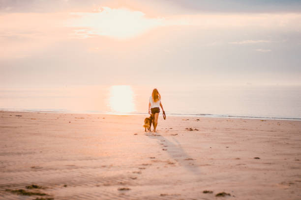 istock Young woman vacations at beach with pet dog 2165593234