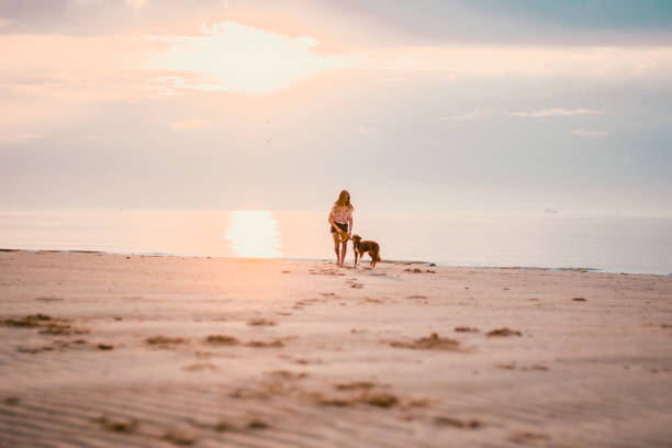 istock Young woman vacations at beach with pet dog 2165593261