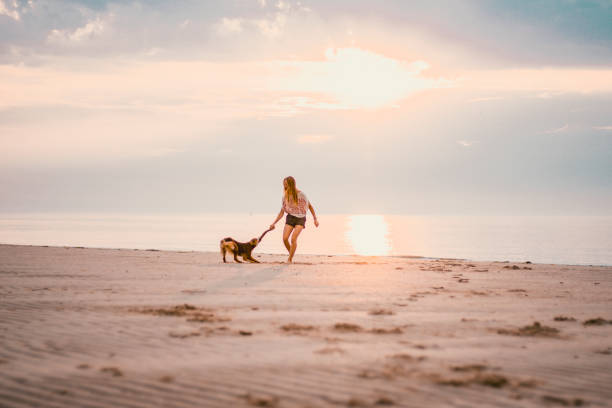 istock Young woman vacations at beach with pet dog 2165593297