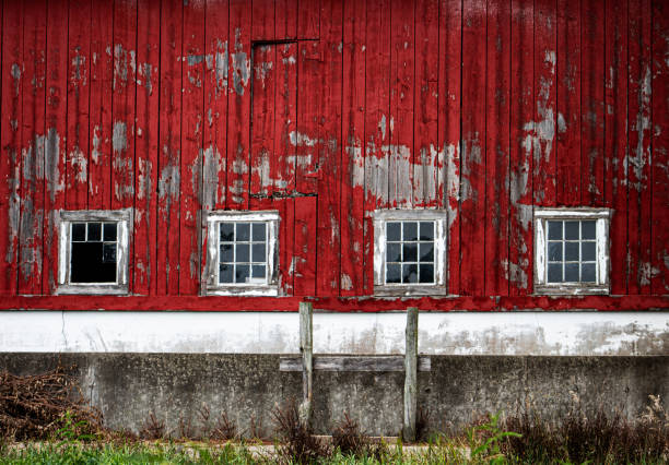 istock Side of rustic old red farmhouse barn with 4 windows background 2165594371