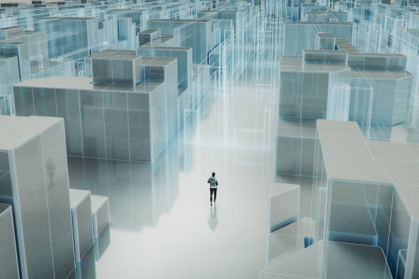 Casual man walking in VR city