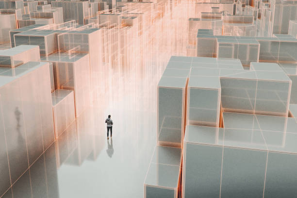 istock Casual man walking in VR city 2165598486