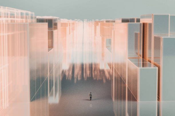 istock Casual man walking in VR city 2165598491