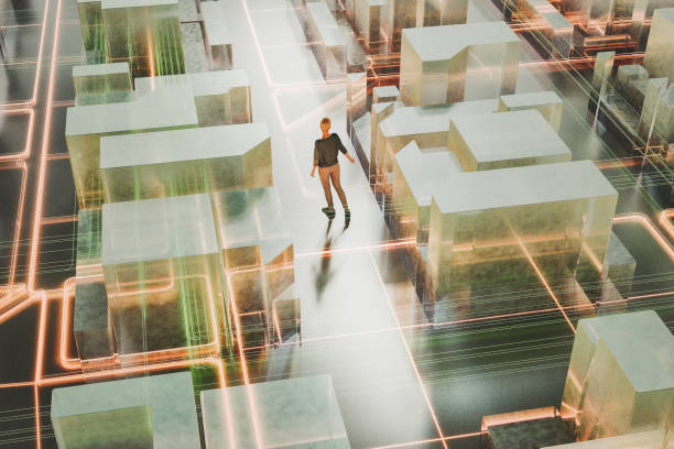 istock Casual woman walking in VR environment 2165598501