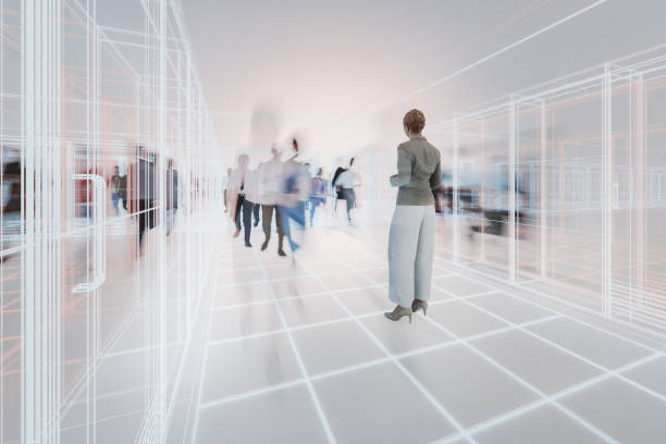 istock Businesswoman standing in VR environment 2165598522
