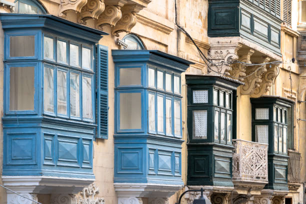 Colourful bay windows in old town, Birgu and Valletta, Malta