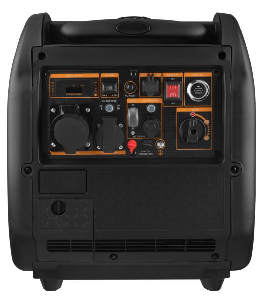 istock Gasoline inverter generator, with correct current sine wave, on white background in insulation 2165604438
