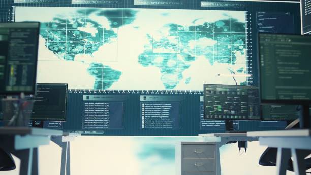 istock Cyber security monitoring room with high tech equipment 2165610914