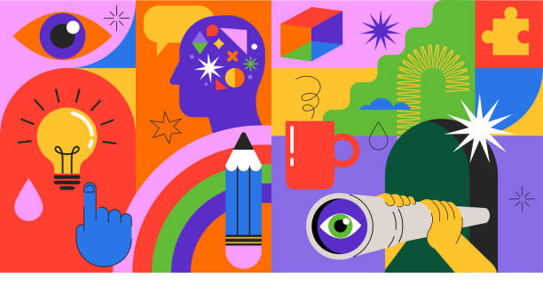 Idea, thinking out of the box, creativity and design concept background, banner, poster. Geometrical style vector design with light bulb, brain, pencil Idea, thinking out of the box, creativity and design background, banner, poster. Geometrical style vector design with light bulb, brain, pencil. Colorful concept illustration background of a definition stock illustrations