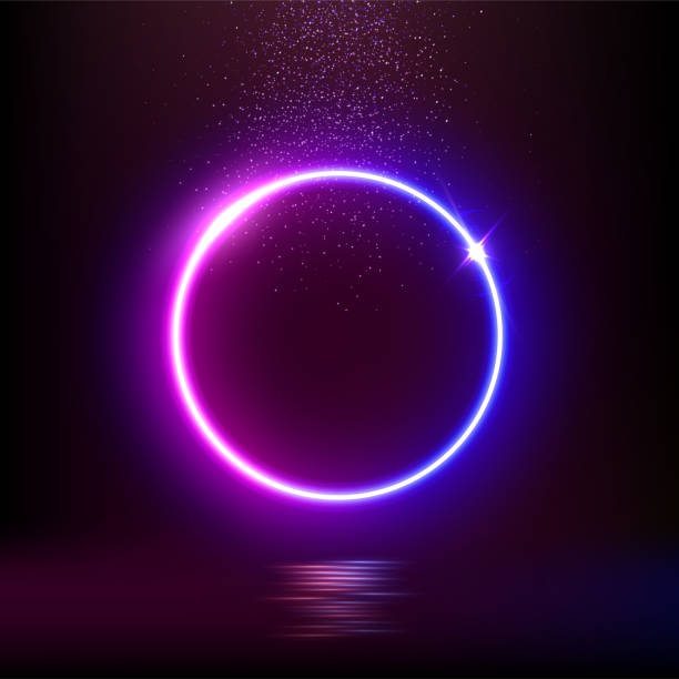 istock Glowing neon blue pink circle isolated on dark background. Round electric purple blue light frame with falling glitter confetti. Empty bright led cosmic ring. Magic futuristic vector illustration 2165611026