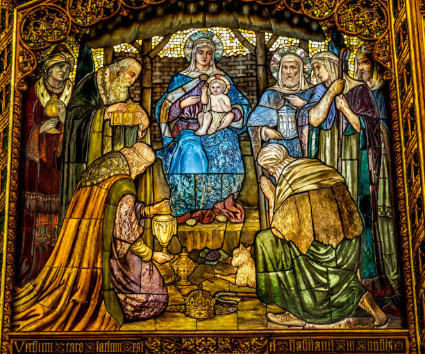 Colorful Three Kings Nativity Screen St Saviour's Church Basilica Dartmouth Devon England.  Originally founded in 1372. One of the best churches in England.