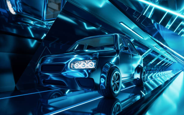 Car in the dark neon tunnel, 3d rendering. 3D illustration.
