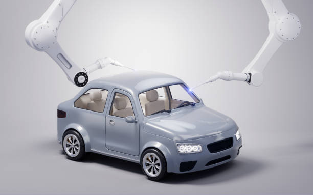 istock Car manufacturing and mechanical arms, 3d rendering. 2165615321