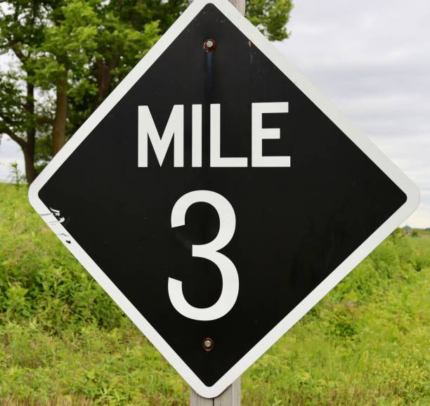 A close view of the black mile three sign on the trail.