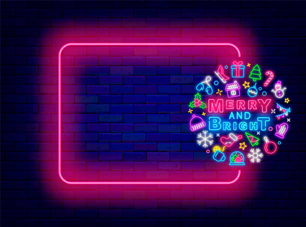 istock Merry and Bright greeting card. Christmas party neon flyer. Winter event. Empty pink frame. Vector stock illustration 2165618869