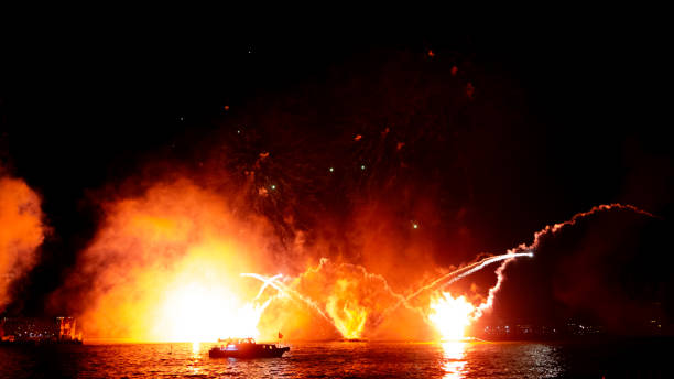 Piediluco, Terni, Umbria, Italy:On the occasion of the event ‘Baccanale…lungolago’,the fireworks on the waters of Lake Piediluco in Umbria
