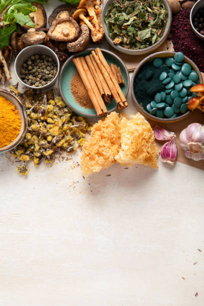 istock Adaptogen healthy food. Herb and spice collection on light background 2165629047
