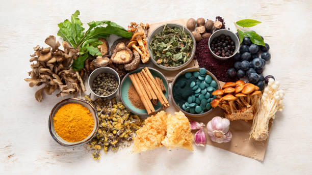 istock Adaptogen healthy food. Herb and spice collection on light background 2165629048
