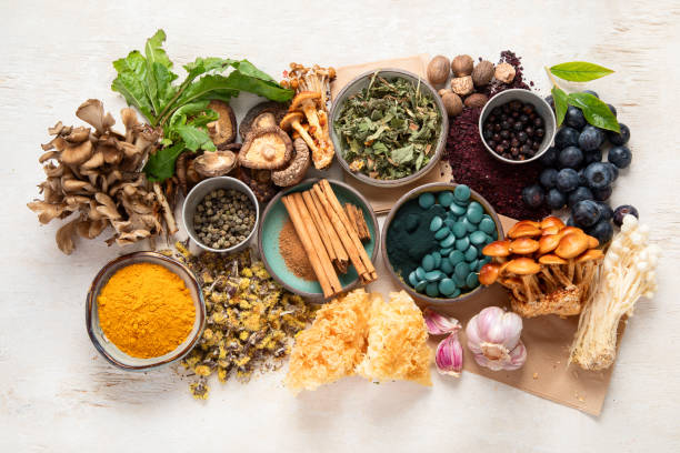 istock Adaptogen healthy food. Herb and spice collection on light background 2165629437