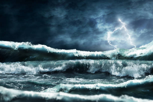 Stormy sea waves, Thunderstorm background