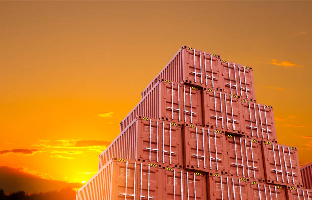 Metal cargo containers stand against the sunset. 3d-rendering