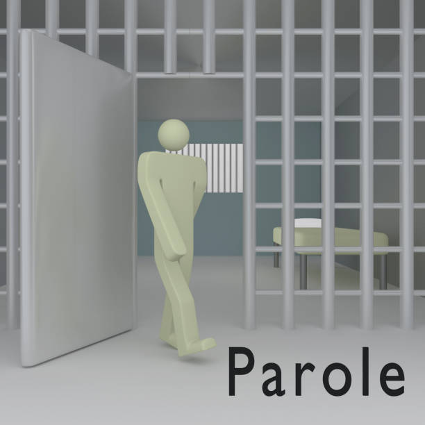 3D illustration of a prisoner steppping through an open door of a prison cell, titled Parole.