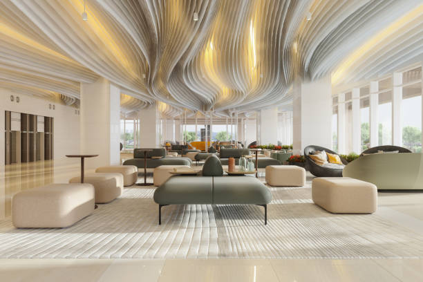 ruang tunggu hotel mewah dengan kursi berlengan, lift dan tanaman - rumah makan pendirian makanan dan minuman foto potret stok, foto, & gambar bebas royalti