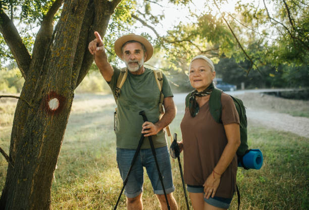 istock senior  couple hiking behind marking on tree 2165639013