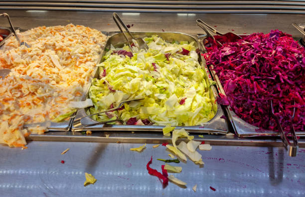 Tracking view of different kind of fresh salads
