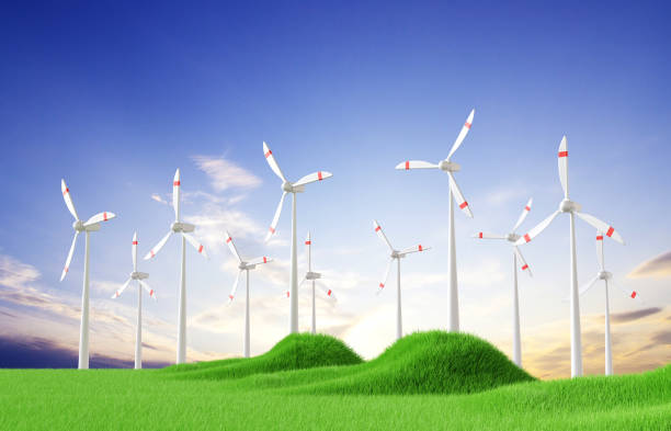 Wind turbines on grass field on background of sky. 3d-rendering