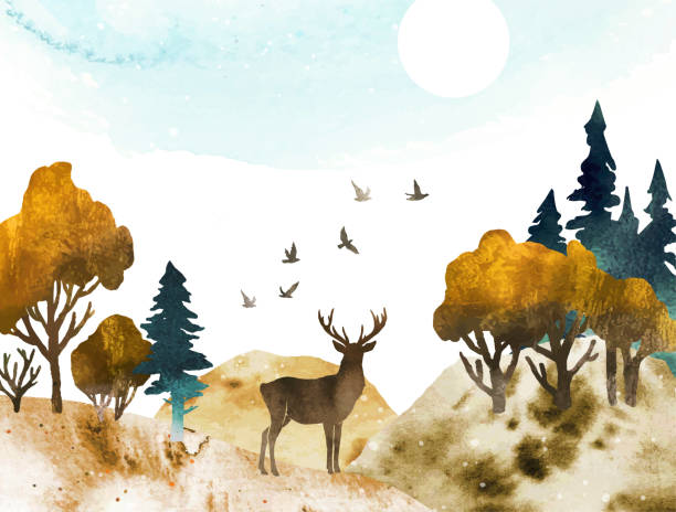 istock Watercolor nature vector template. Autumn brown hills, deer, birds and forest. Vector silhouette of trees and animal. Hand drawn design for postcard, cover, poster 2165640692